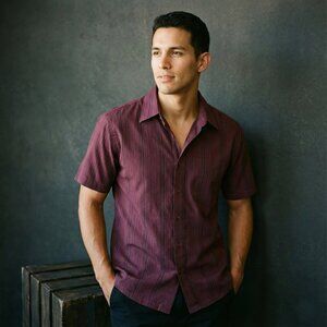 Deadstock Swiss Alps Burgundy Textured Button Up Shirt Short Sleeve Size M Prep